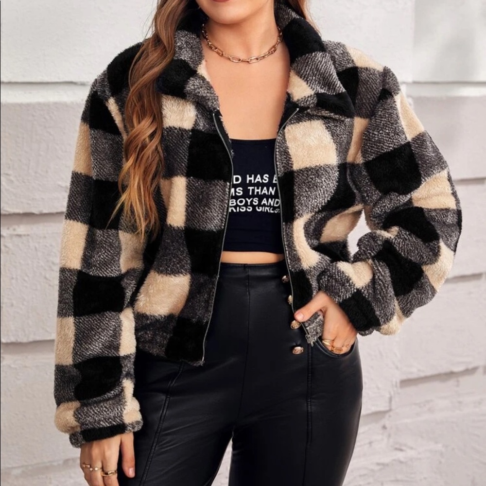 Gingham plus size zip up jacket